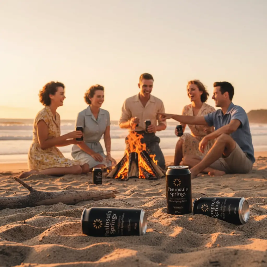 Peninsula Springs Sparkling Water 375ml cans at vintage beach bonfire gathering