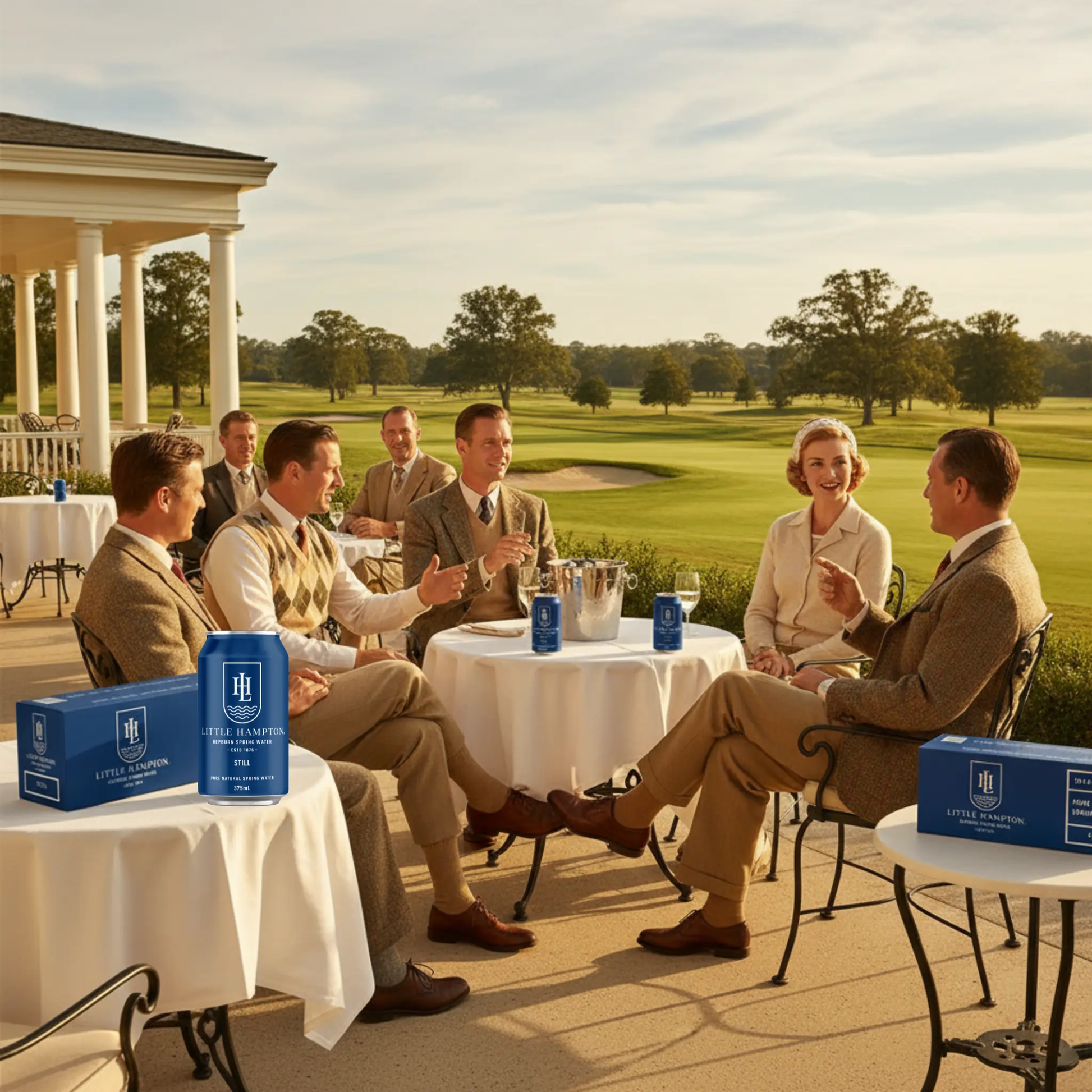 Little Hampton Still Water 375ml cans at exclusive vintage golf club with elegant golfers