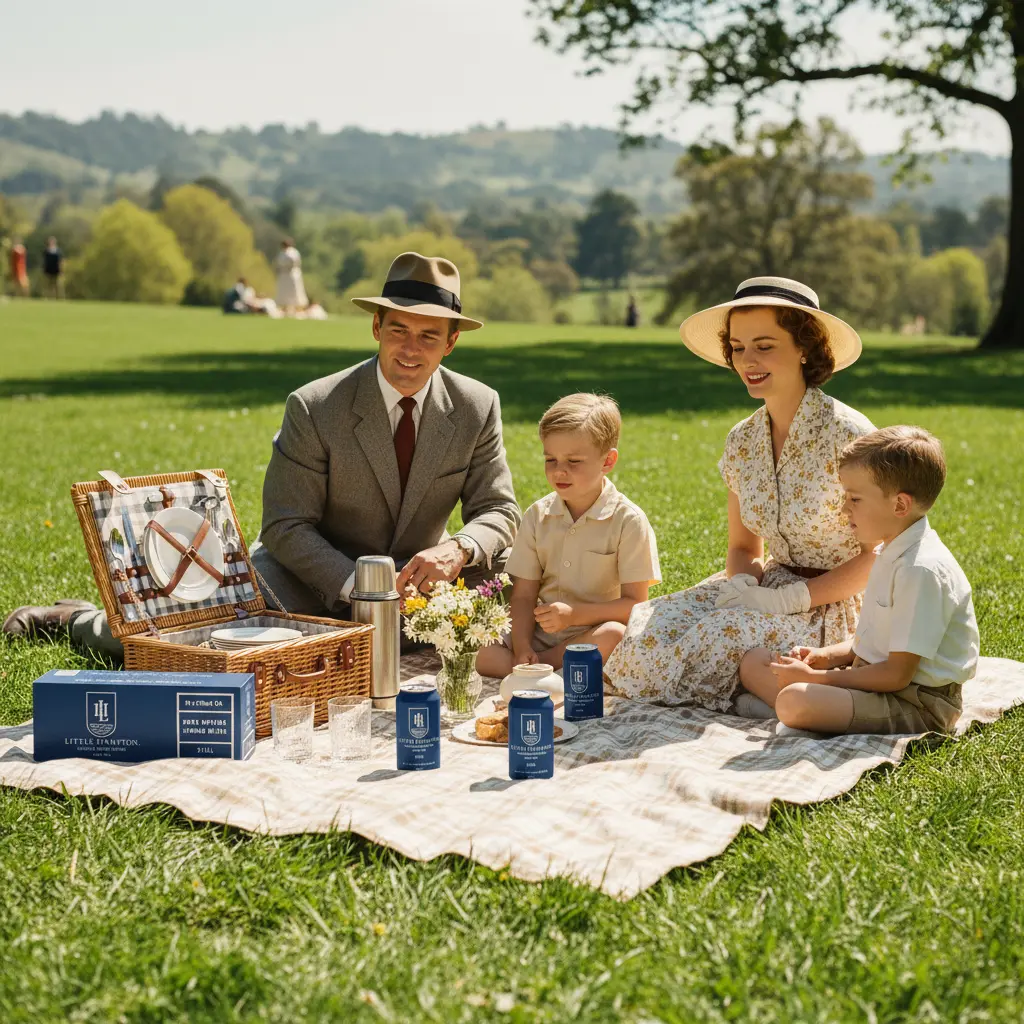 Little Hampton Still Water 375ml cans at elegant 1950s park picnic with well-dressed family
