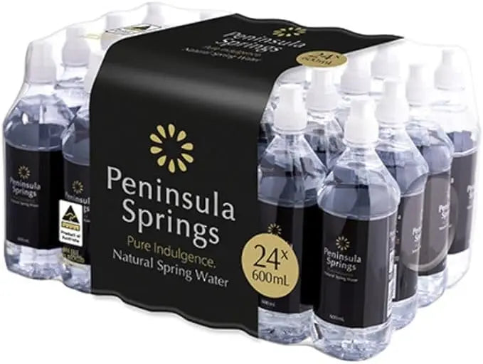 Peninsula Springs Still Water 600ml × 24 pop top bottles with case packaging