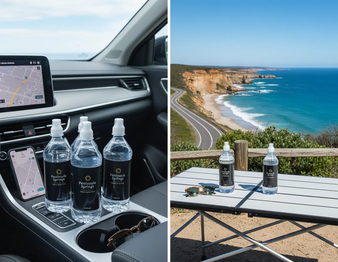 Peninsula Springs Still Water 600ml pop top bottles on modern Australian road trip