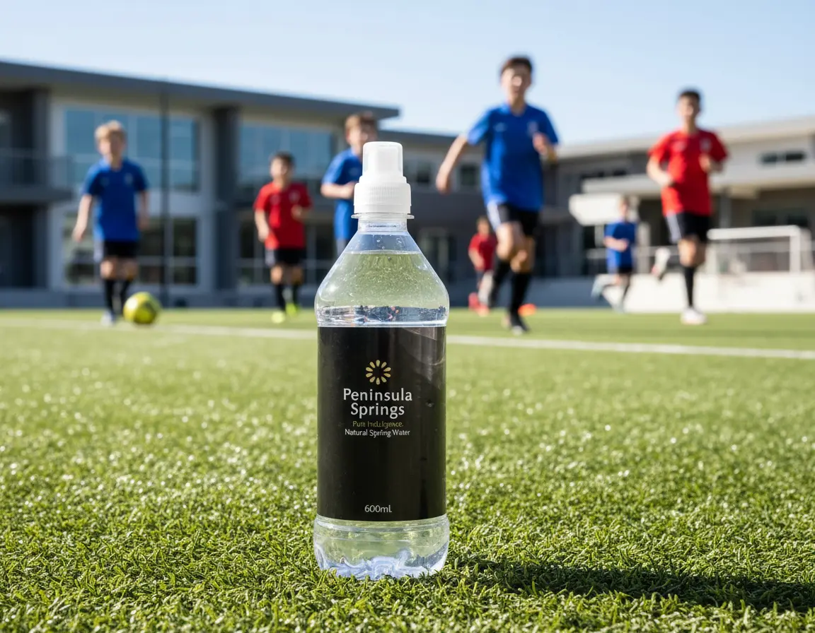 Peninsula Springs Still Water 600ml pop top bottle at contemporary school sports field