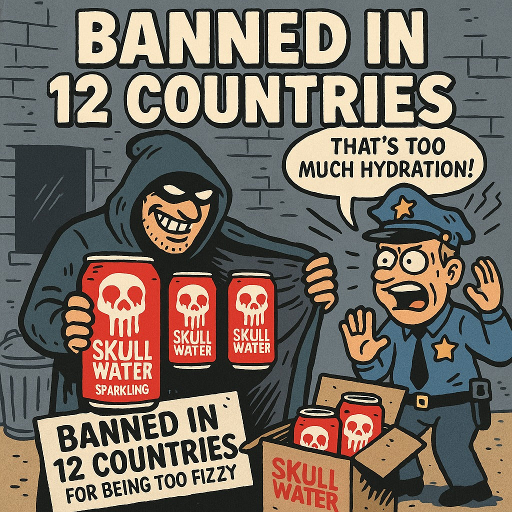 Cartoon-style art of a hooded figure revealing Skull Water cans to a shocked police officer, promoting Skull Water sparkling and still hydration