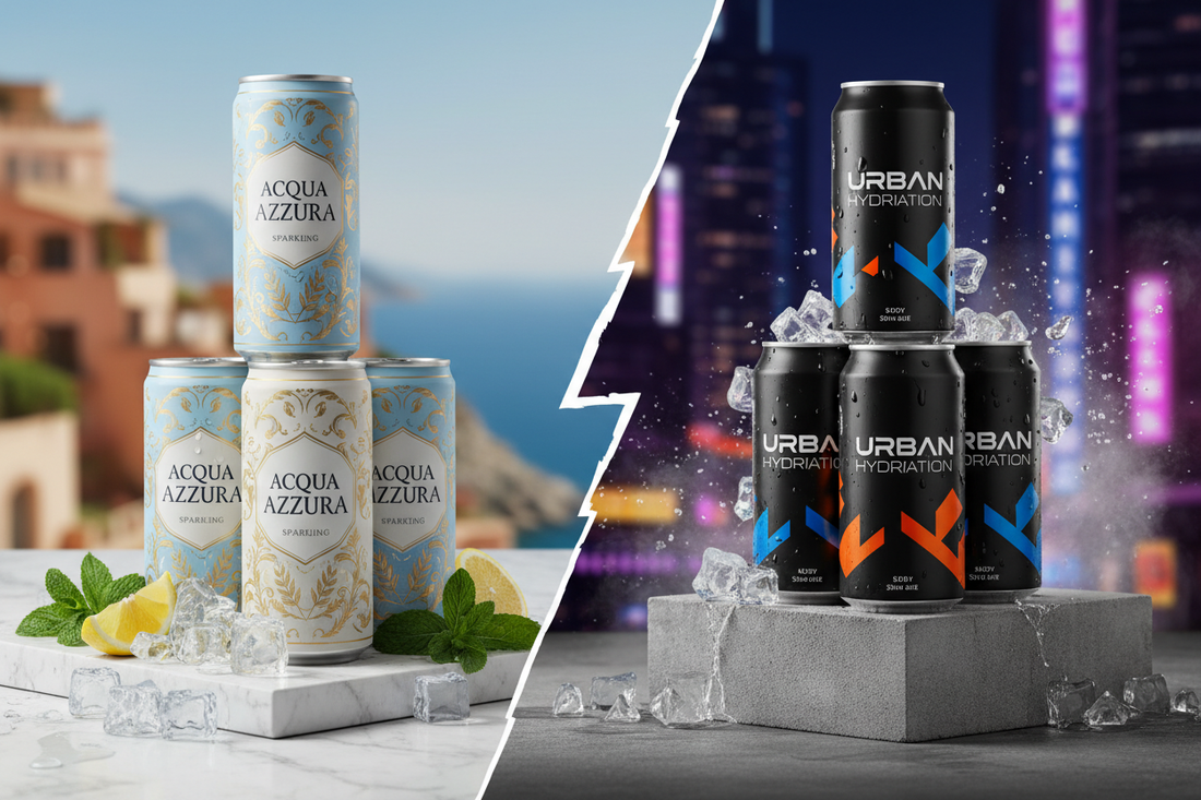 New product announcement featuring Acqua Sorrento sparkling water and Skull Water premium aluminum cans