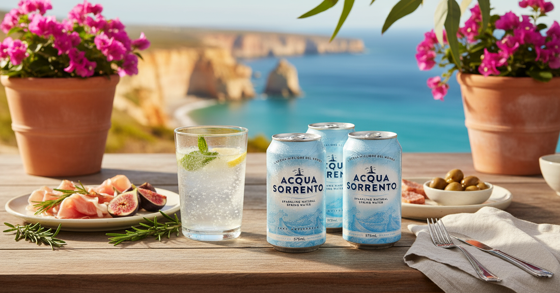 Acqua Sorrento sparkling natural spring water cans served at the table for entertaining and dining