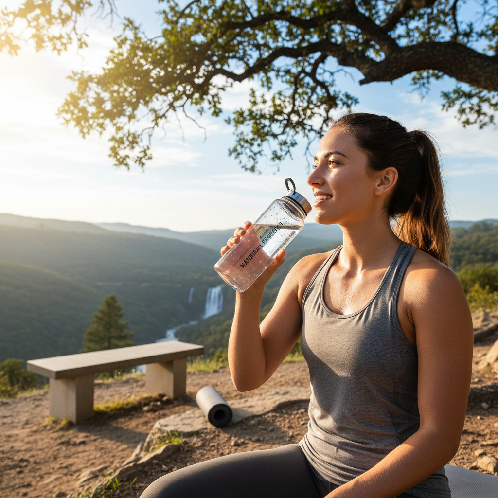 Active person drinking spring water for hydration after workout promoting health and wellness