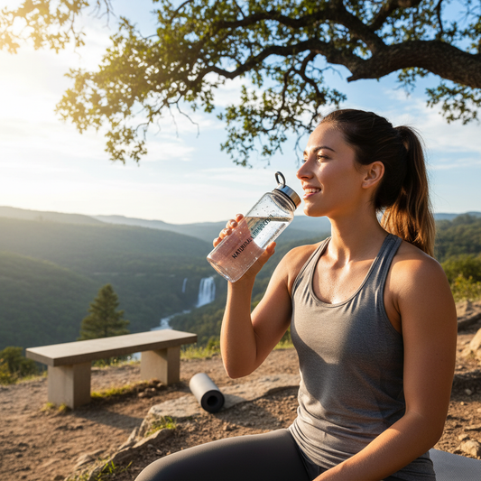 Active person drinking spring water for hydration after workout promoting health and wellness