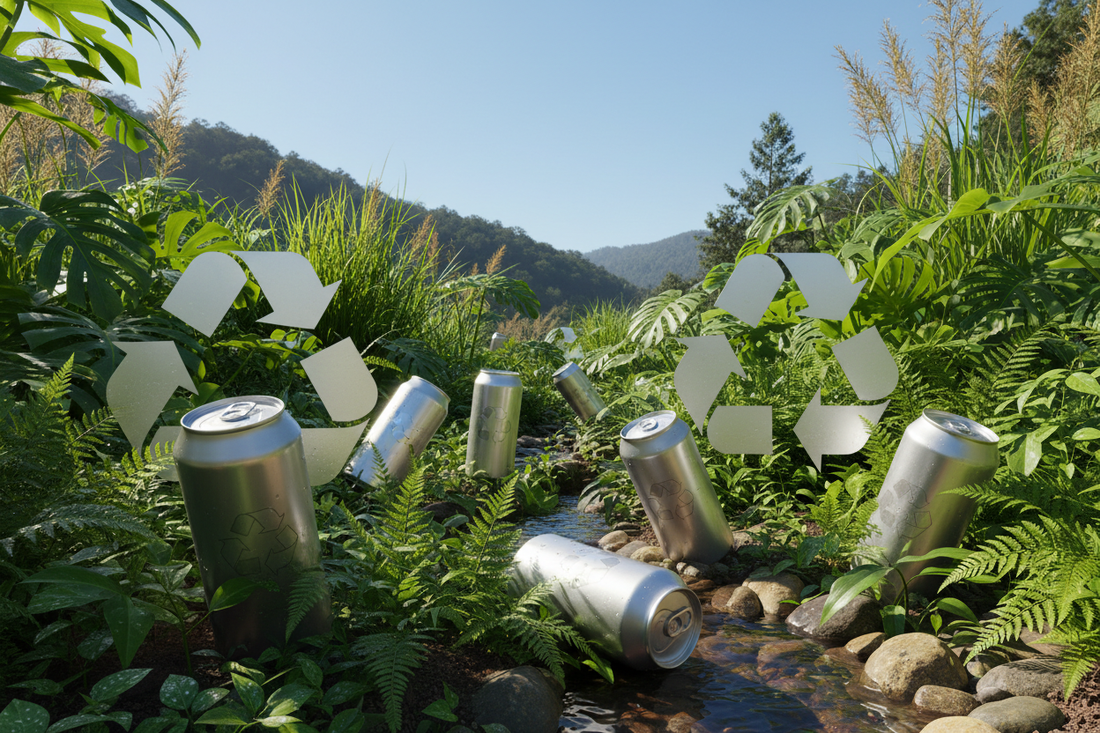 Sustainable aluminum water cans surrounded by green plants showing eco-friendly recyclable packaging and environmental responsibility