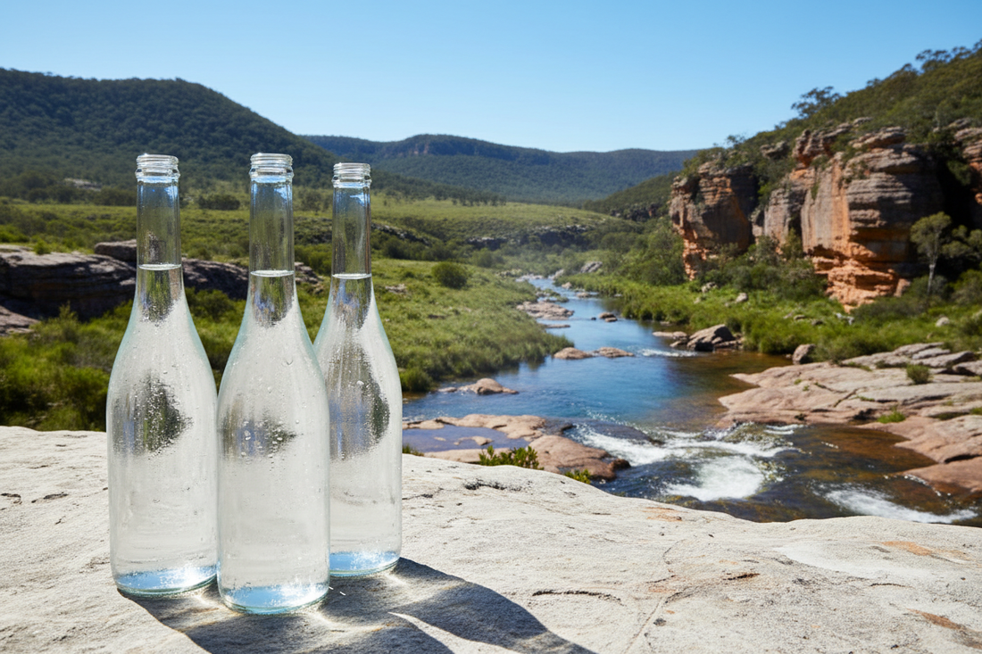 Premium glass water bottles with natural sustainable elements showcasing eco-friendly packaging