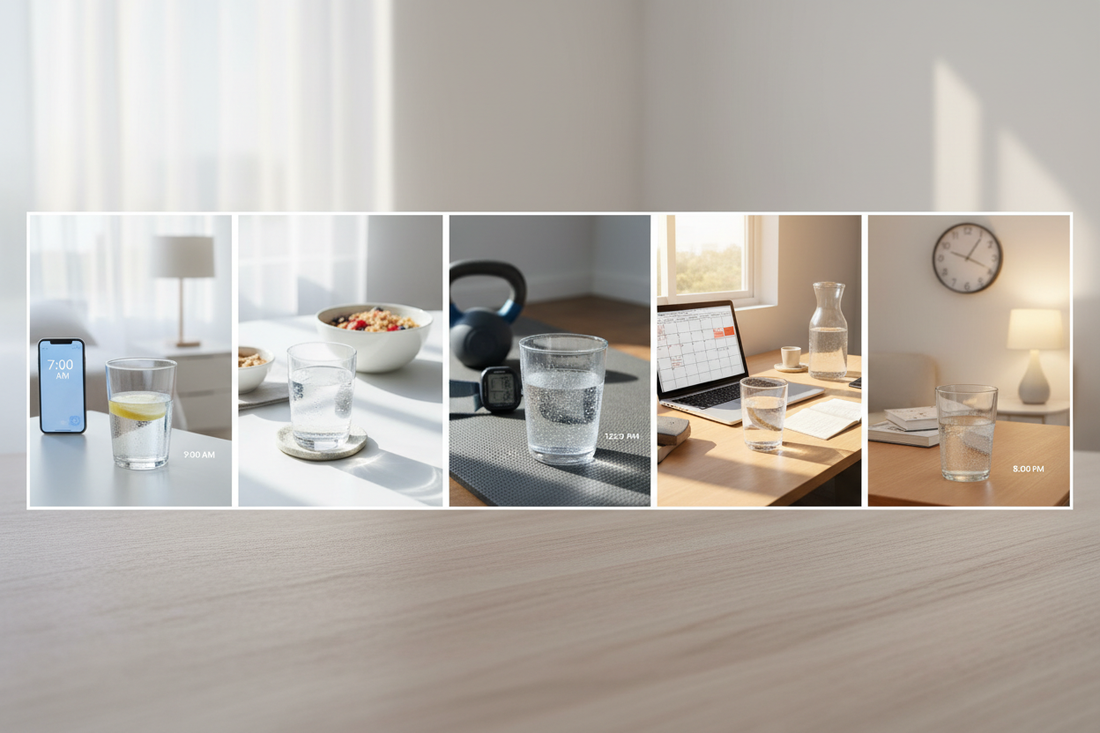 Daily hydration schedule showing optimal times to drink water throughout the day for maximum health benefits