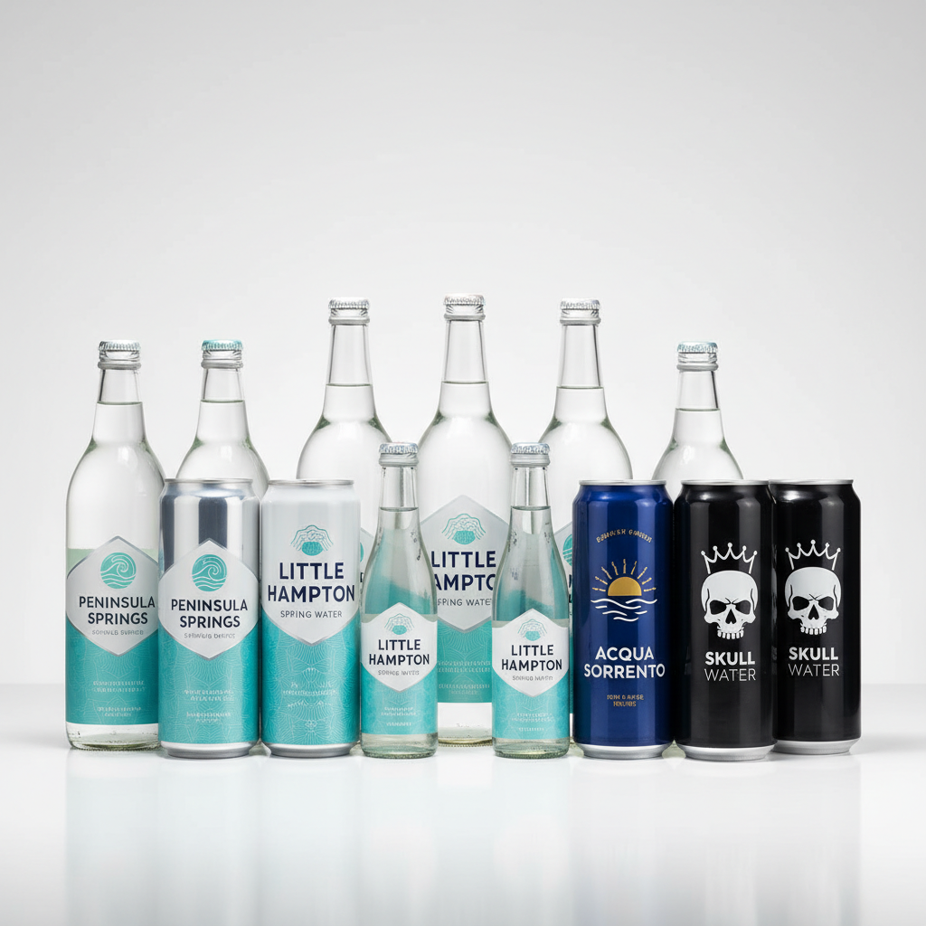 Complete Little Hampton Spring Water product collection featuring Little Hampton, Peninsula Springs, Acqua Sorrento, and Skull Water brands