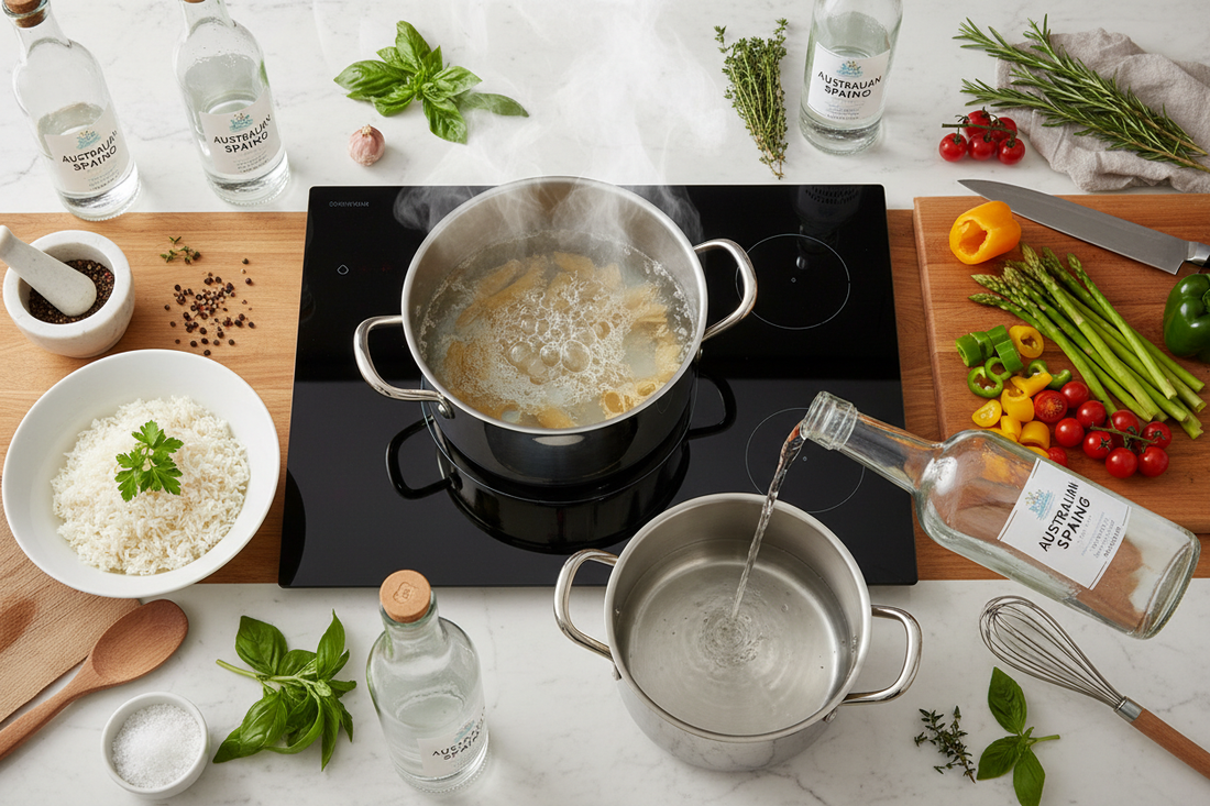 Premium spring water bottles on kitchen counter with pasta cooking in pot and fresh ingredients for quality home cookin