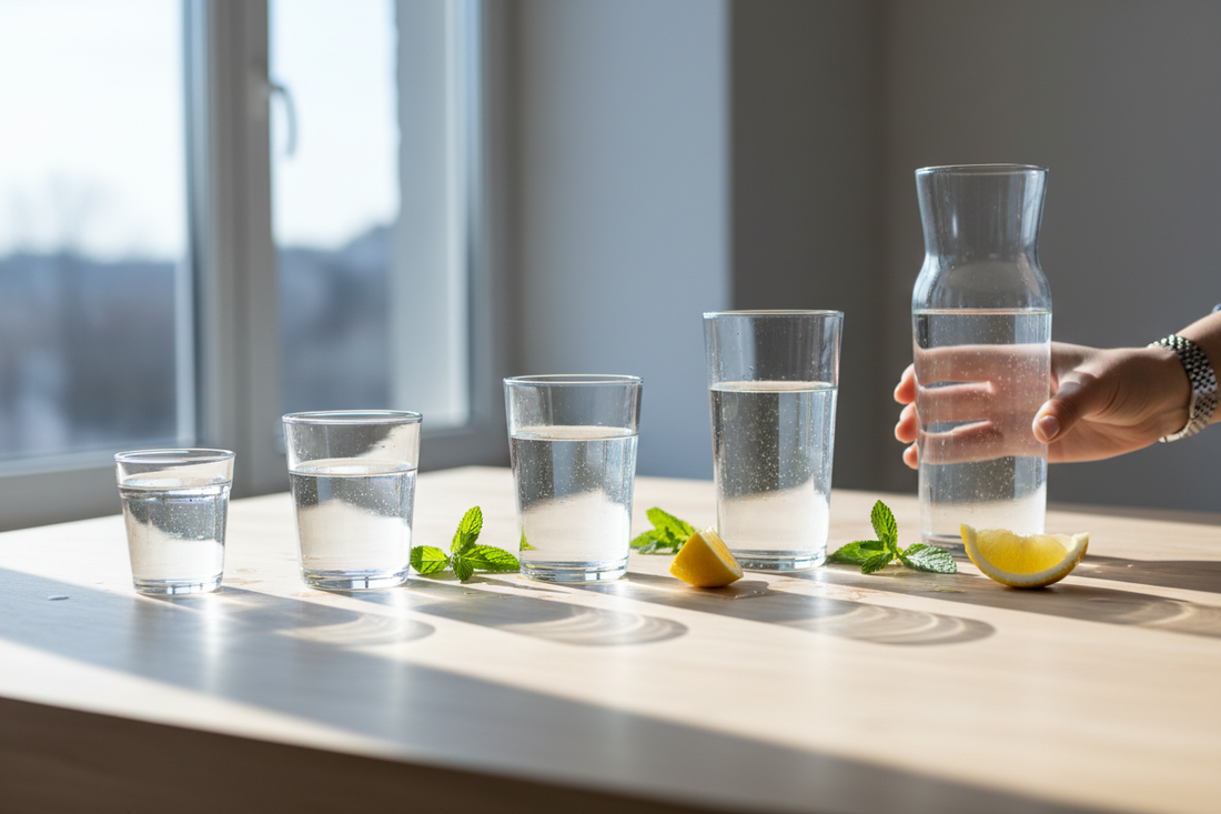 Daily water intake guide showing glasses of fresh water representing healthy hydration routine