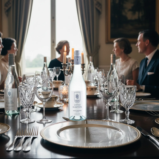 Premium 750mL glass water bottles on elegant fine dining table with white linens and place settings