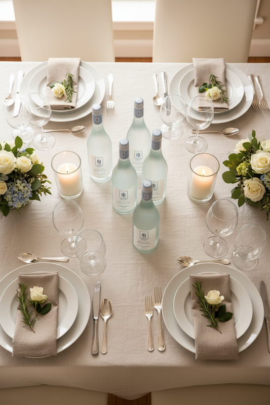 Elegant dinner party table setting with premium Little Hampton spring water glass bottles, wine glasses, and fine dining presentation