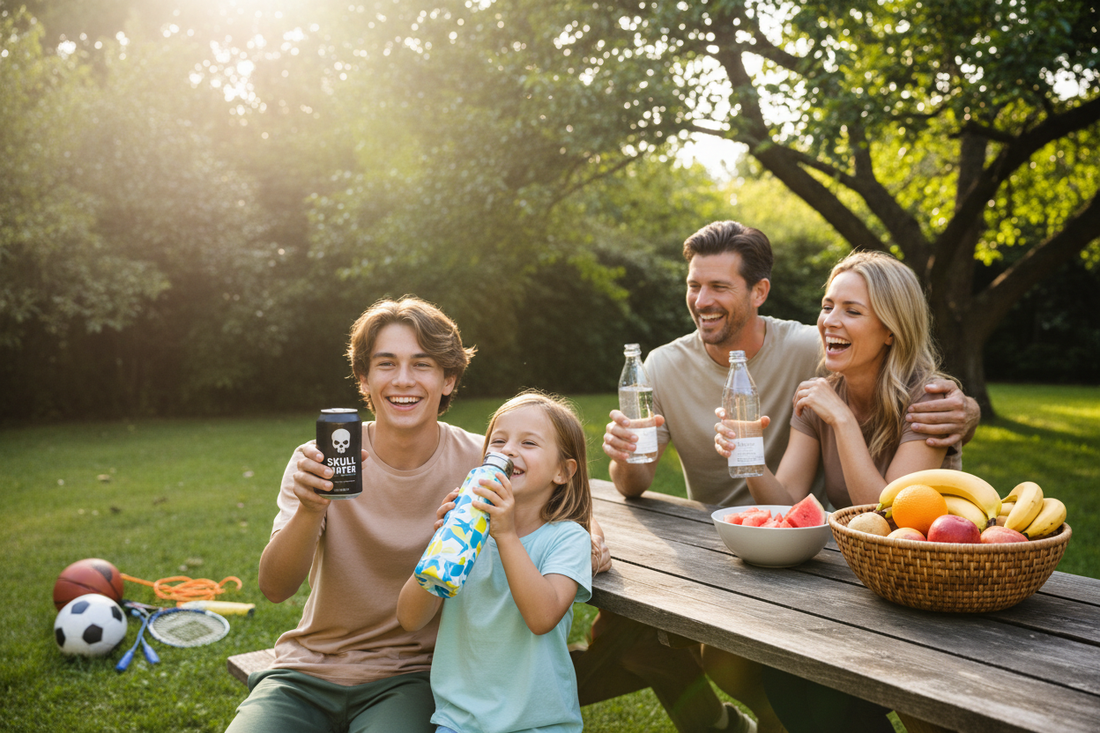 Family with children of different ages staying hydrated with premium spring water including Skull Water for teen