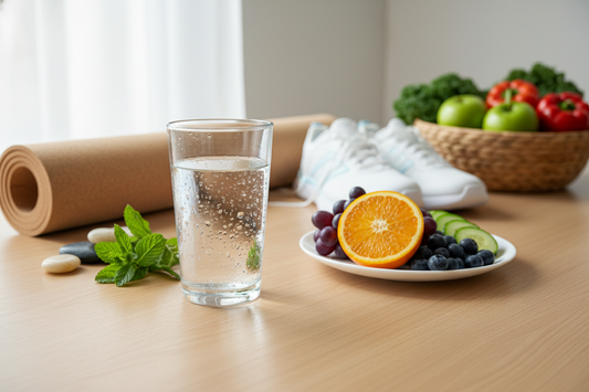 Glass of pure spring water with fresh fruits and wellness elements, illustrating the health benefits of proper hydration