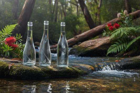 Premium glass water bottles in natural setting showcasing sustainable eco-friendly packaging