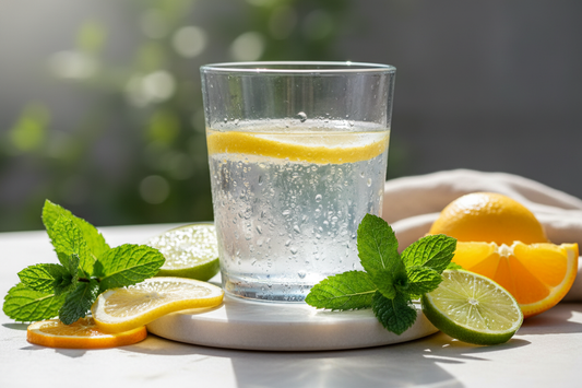 Glass of fresh water with natural elements representing health and hydration benefits