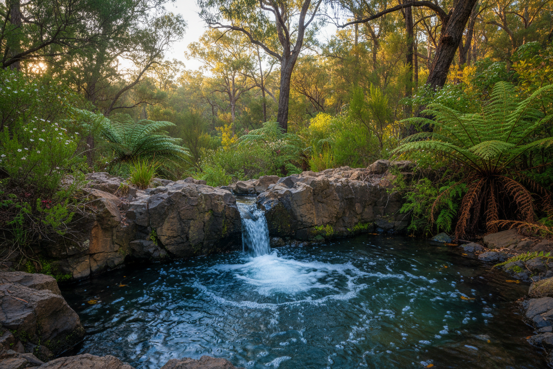 Natural spring water bubbling through ancient volcanic rock formations in Victoria's Hepburn Region, surrounded by native Australian vegetation
