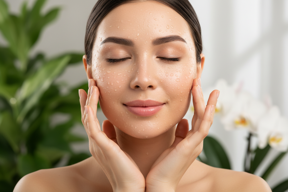 Woman with radiant glowing skin and water droplets showing the benefits of proper hydration