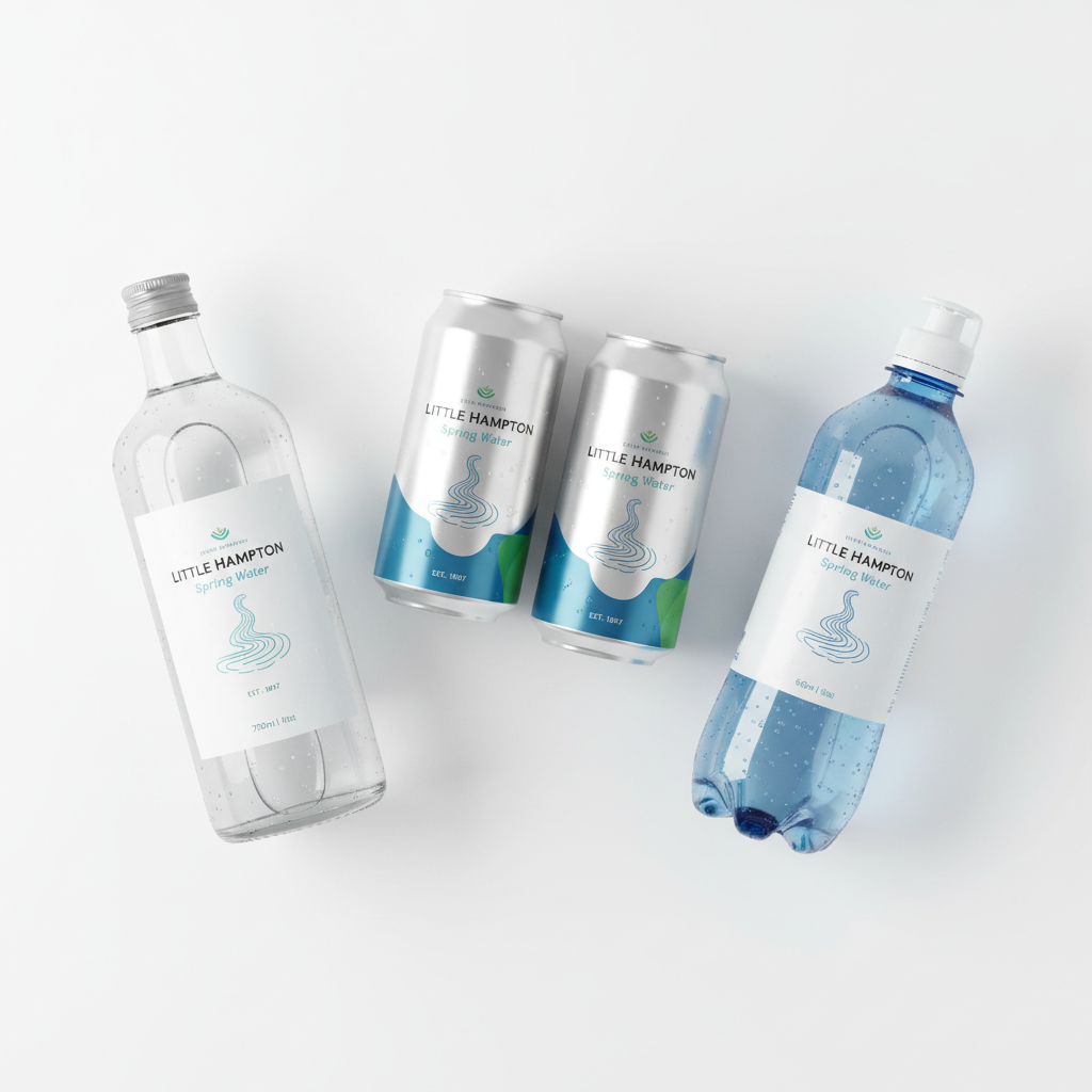 Little Hampton Spring Water premium packaging range showing glass bottles, aluminium cans, and pop-top bottles