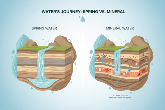 Comparison of mineral water and spring water sources showing underground aquifers and natural filtration