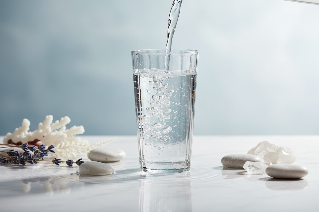 Crystal clear spring water being poured into glass showing natural mineral content and purity