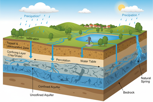 Natural spring water formation diagram showing underground aquifer and geological rock layers in Hepburn Region Victoria