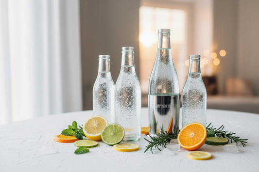 Premium Australian spring water in glass bottles with fresh citrus and herbs for alcohol-free New Year's resolution