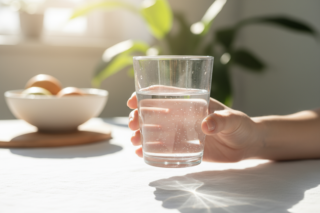 Person holding glass of clear water in natural sunlight for healthy hydration
