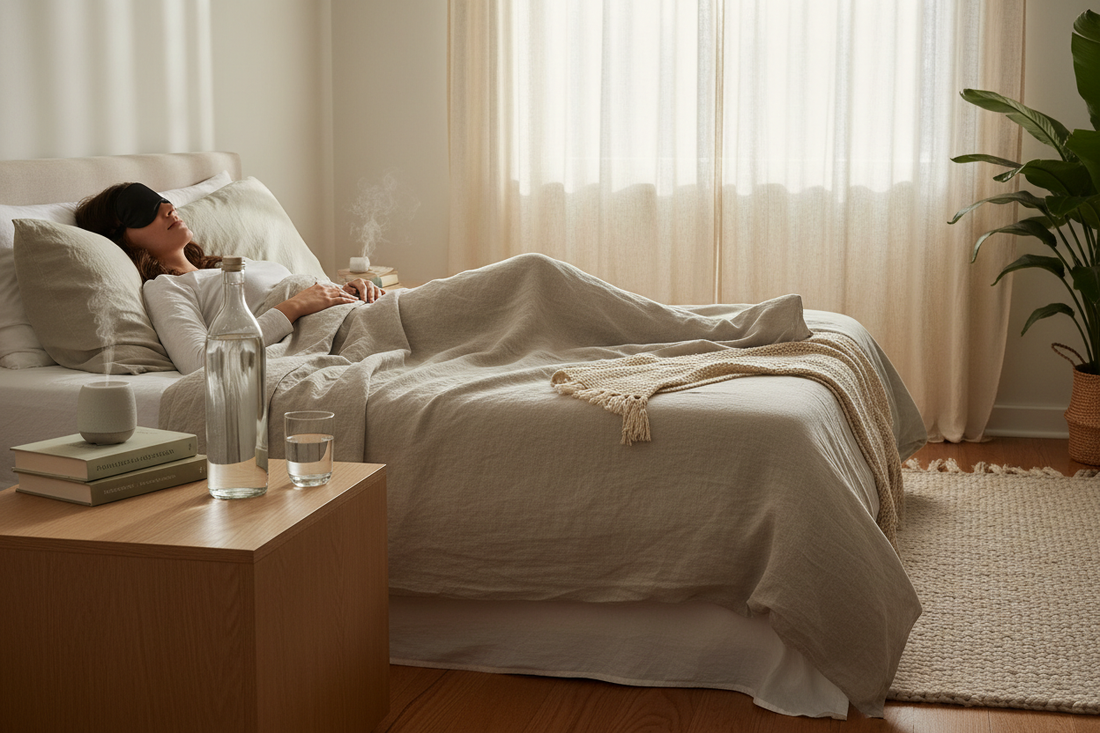 Person sleeping peacefully in bed with sleep mask and premium spring water bottle on bedside table for healthy evening hydration routine
