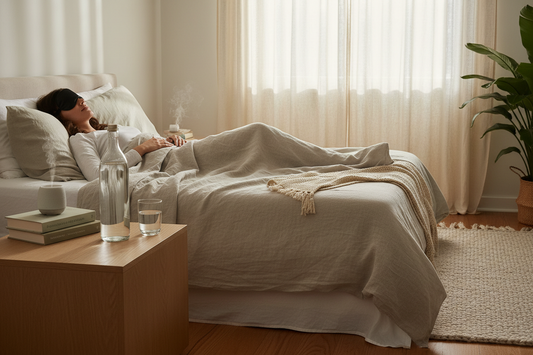 Person sleeping peacefully in bed with sleep mask and premium spring water bottle on bedside table for healthy evening hydration routine