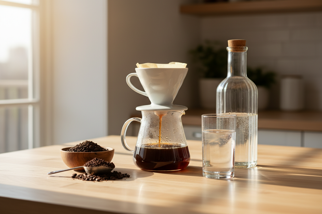 Premium coffee brewing setup with spring water bottle on marble surface