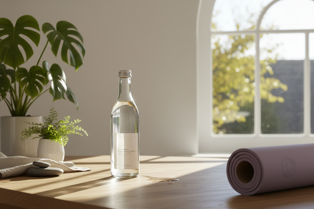 Glass bottle of premium spring water on minimalist table with morning sunlight, yoga mat, and green plants creating serene wellness atmosphere
