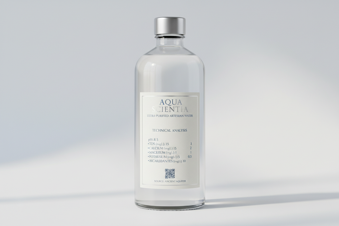  Premium glass water bottle with detailed label showing pH levels, TDS measurements, and mineral content information