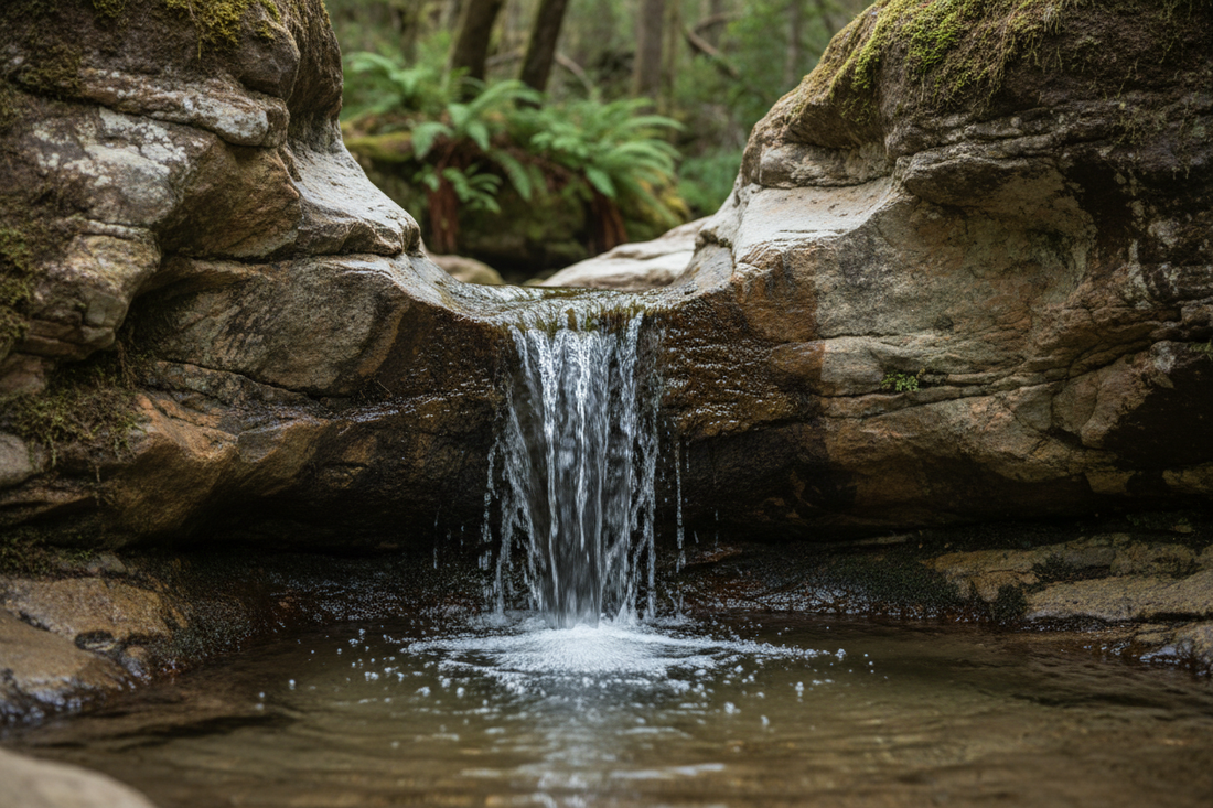 Crystal clear spring water flowing naturally from underground rock formation