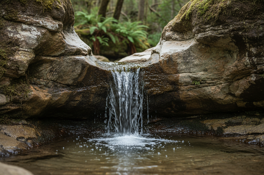 Crystal clear spring water flowing naturally from underground rock formation