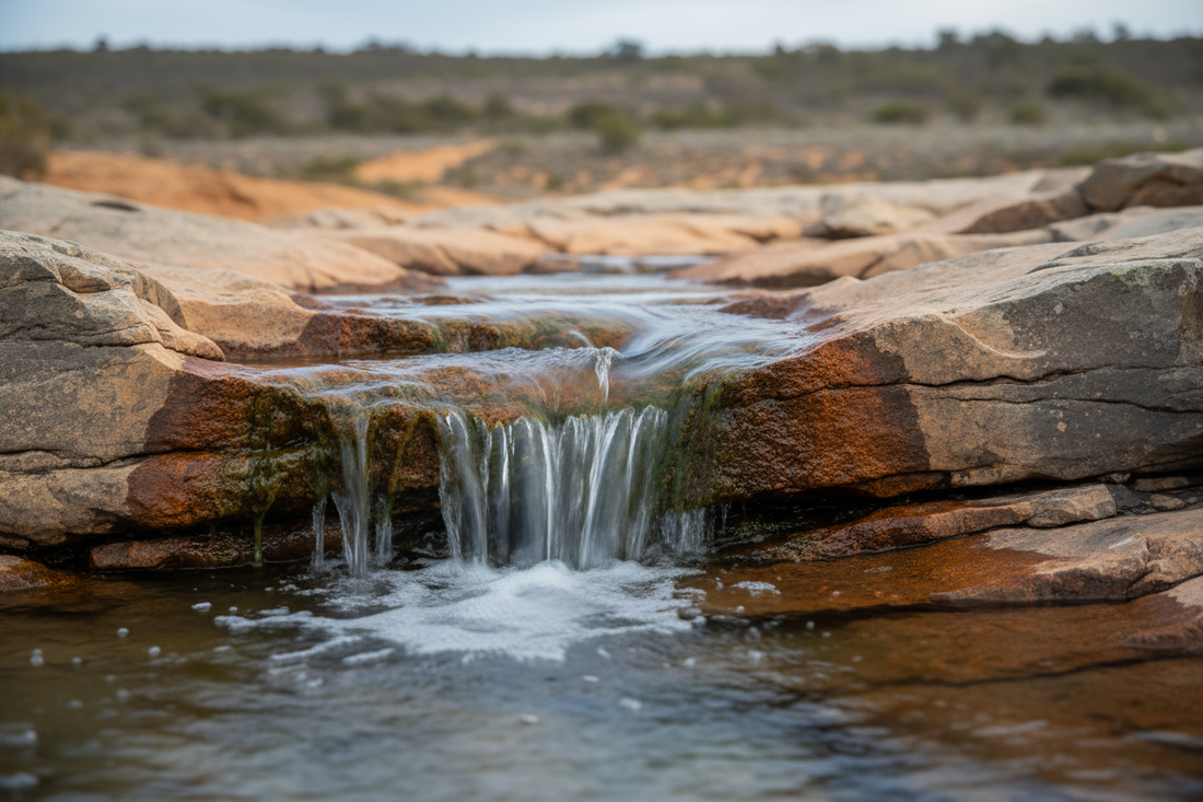 Natural spring water flowing over mineral-rich rocks showing the geological process that adds beneficial minerals to Australian spring water
