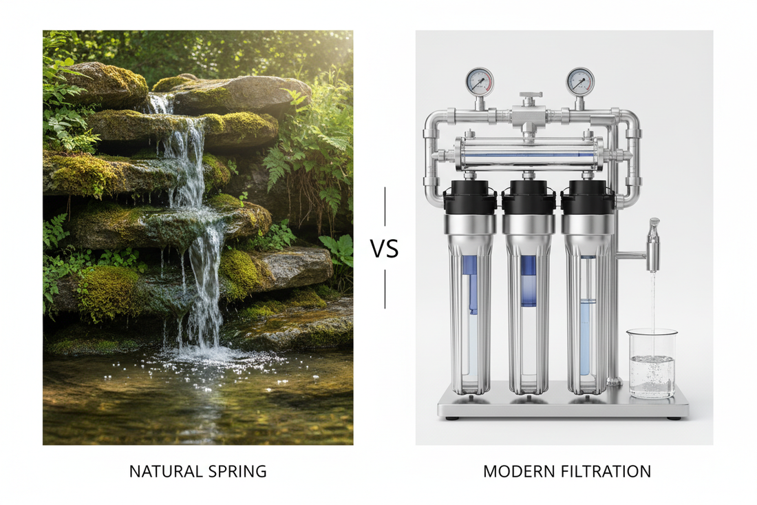 Comparison of natural spring water flowing from rock formations versus modern water purification system showing the difference between spring water and purified water