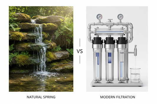 Comparison of natural spring water flowing from rock formations versus modern water purification system showing the difference between spring water and purified water