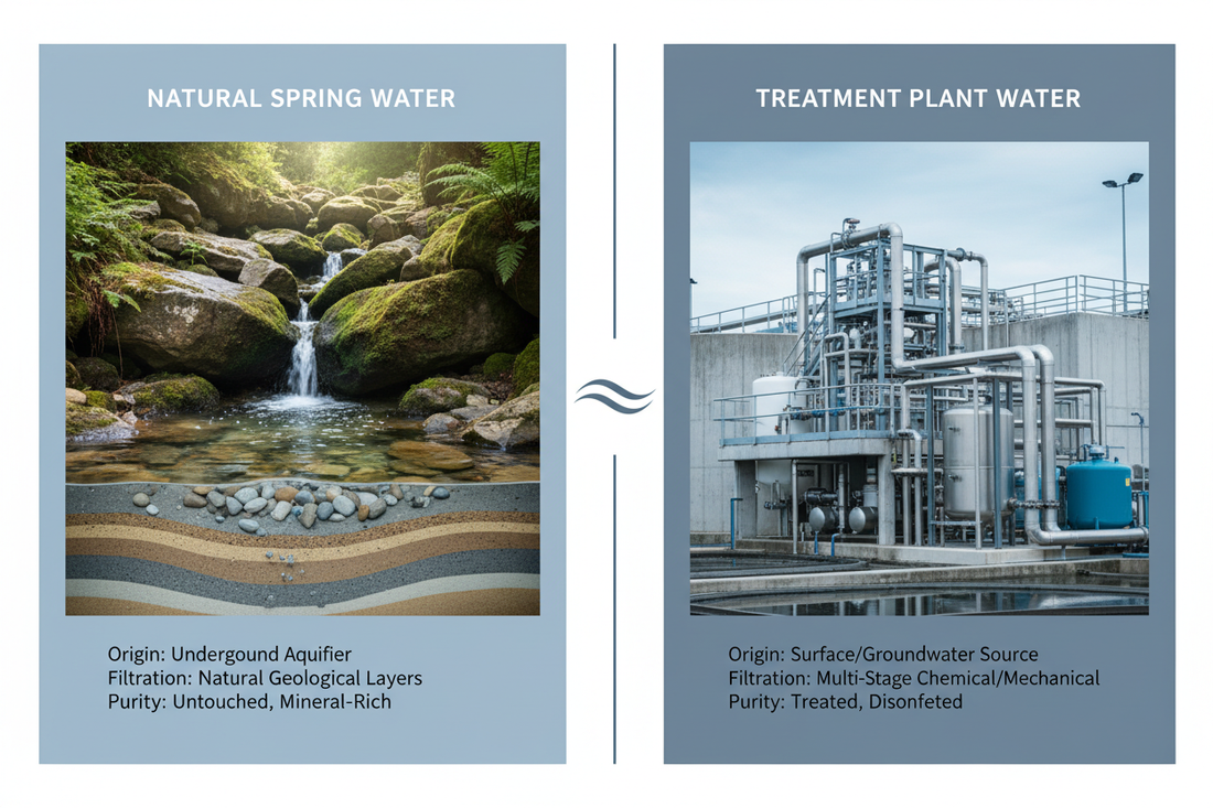 Comparison of spring water natural source and tap water treatment showing differences in origin and processing