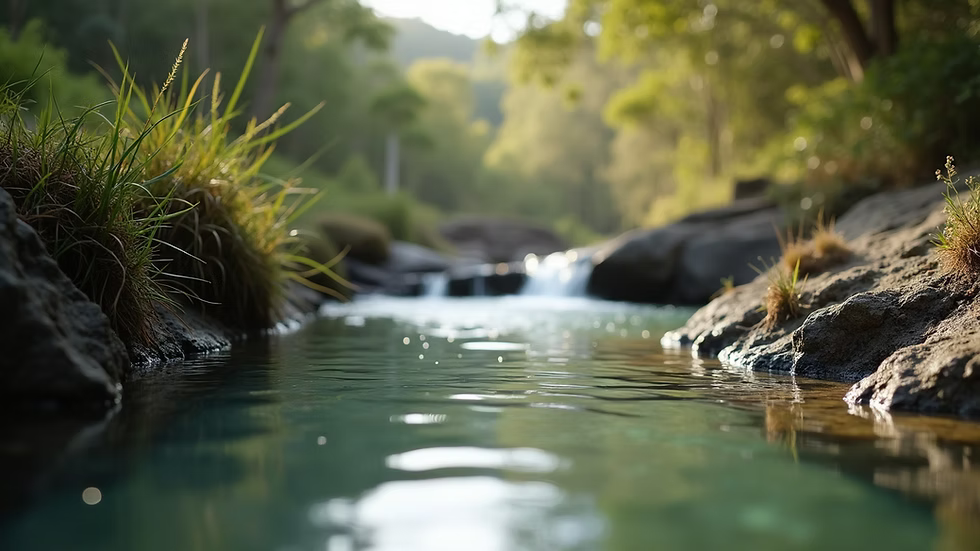Australian natural spring water flowing through rocks and minerals in a clean mountain stream.