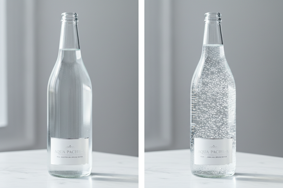 Still and sparkling spring water bottles side by side comparison showing clear water and carbonated bubbles