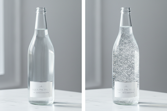 Still and sparkling spring water bottles side by side comparison showing clear water and carbonated bubbles