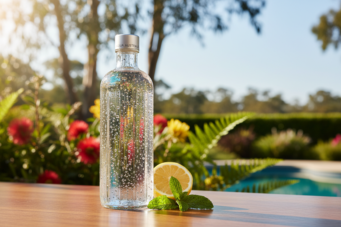 Premium spring water in glass bottle with condensation on a sunny Australian summer day