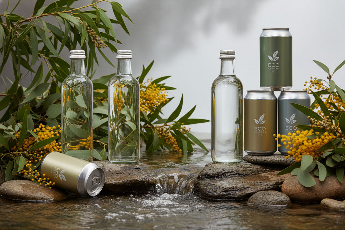 Recyclable glass water bottles and aluminum cans surrounded by native Australian plants, showcasing Little Hampton Spring Water's sustainable packaging commitment