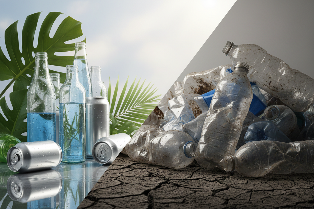  Sustainable glass bottles and aluminum cans versus plastic waste showing eco-friendly hydration alternatives