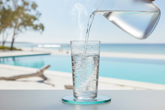 Crystal clear spring water being poured into glass with water droplets, illustrating proper hydration for Australian summer health and wellness
