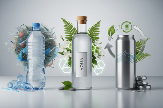 Comparison of plastic PET bottle, premium glass bottle, and recyclable aluminium can showing environmental impact and sustainability differences for water packaging